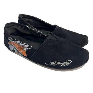Ed Hardy Women Black Koi Fish Graphic Slip On Canvas Ballet Flats US 7.5 Stretch